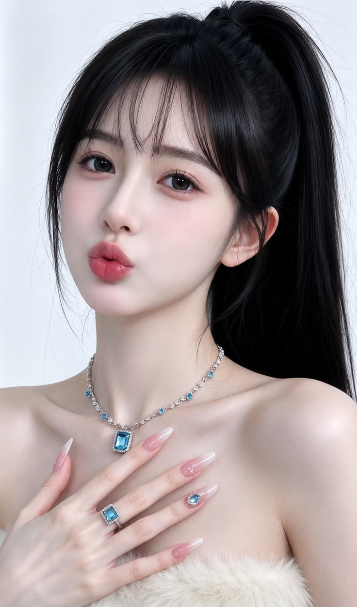 Woman with black hair in a ponytail wearing blue jewelry and showing exposed shoulders