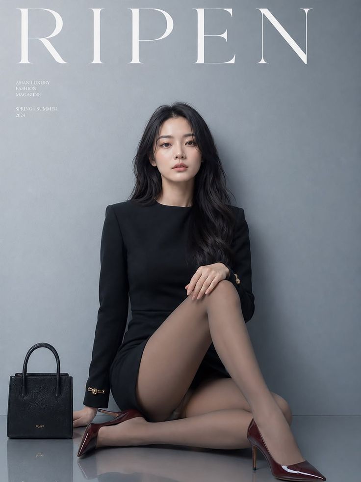 Woman in a black dress and pantyhose posing for a fashion magazine cover