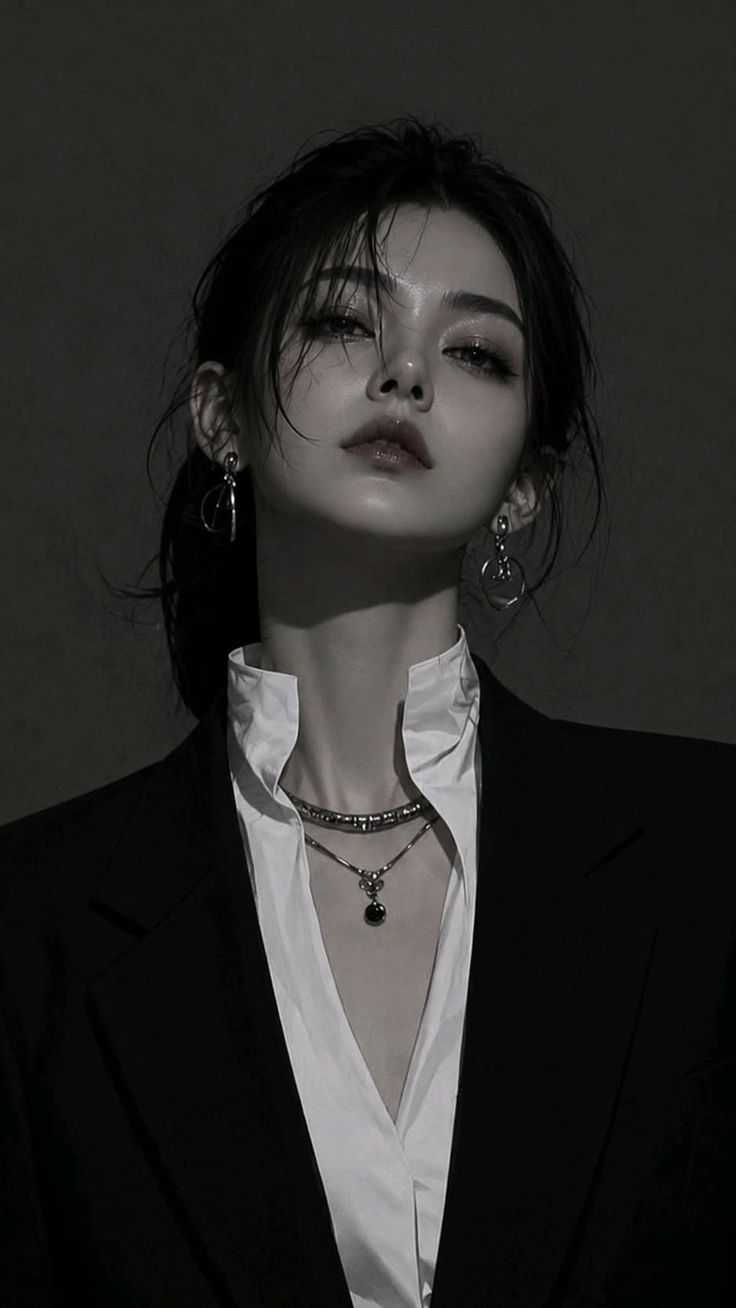 Woman in a suit and white shirt with jewelry, dark tone portrait