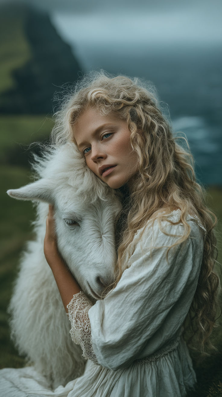 Blonde woman with curly hair embracing a white goat in a green outdoor setting