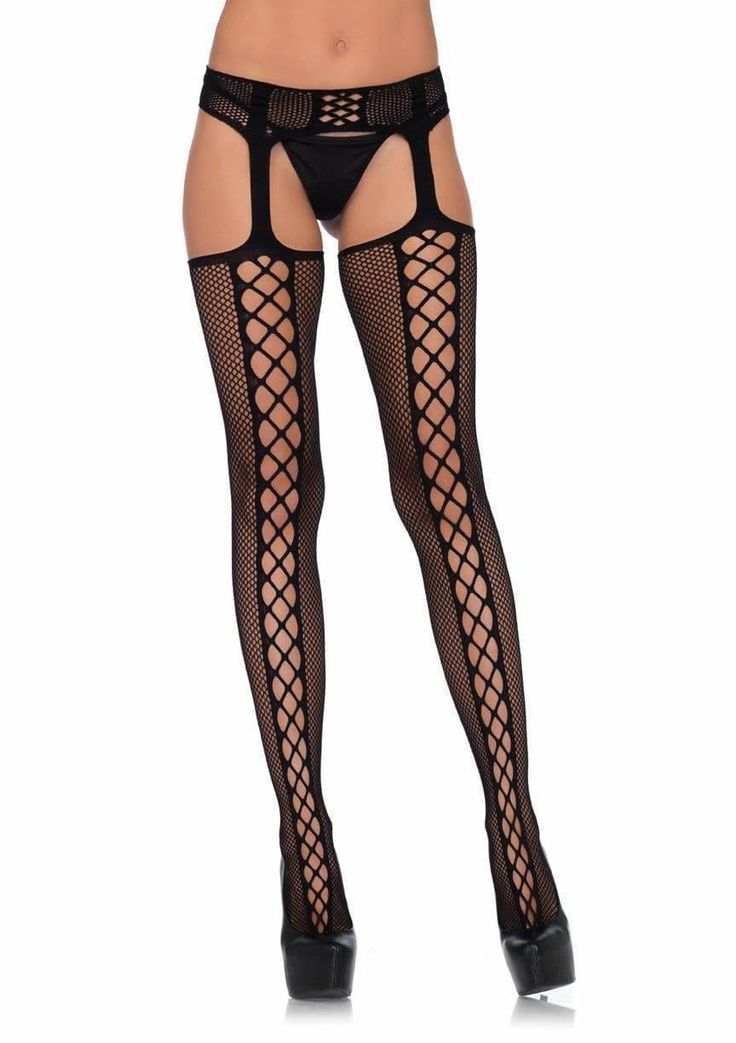 Person wearing black fishnet stockings with a garter belt and high heels