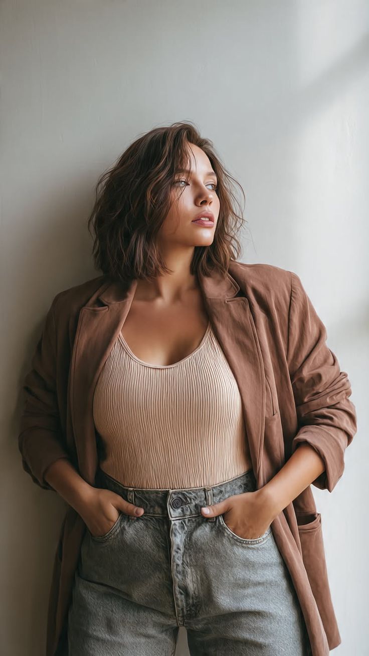Woman with short brown hair wearing a jacket and jeans, looking away