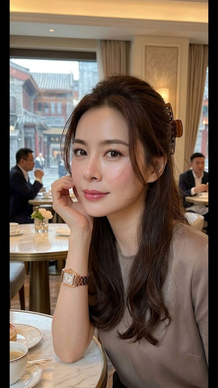 Woman with long brown hair wearing a watch, posing in a restaurant