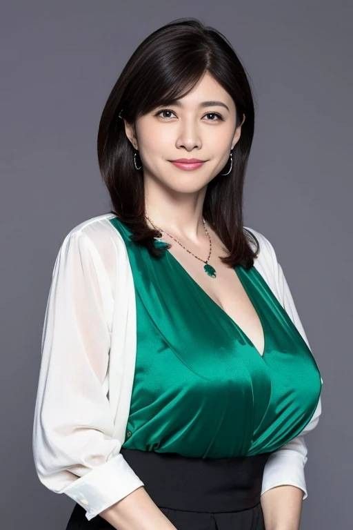 Woman in a green top and white blouse with a necklace and earrings