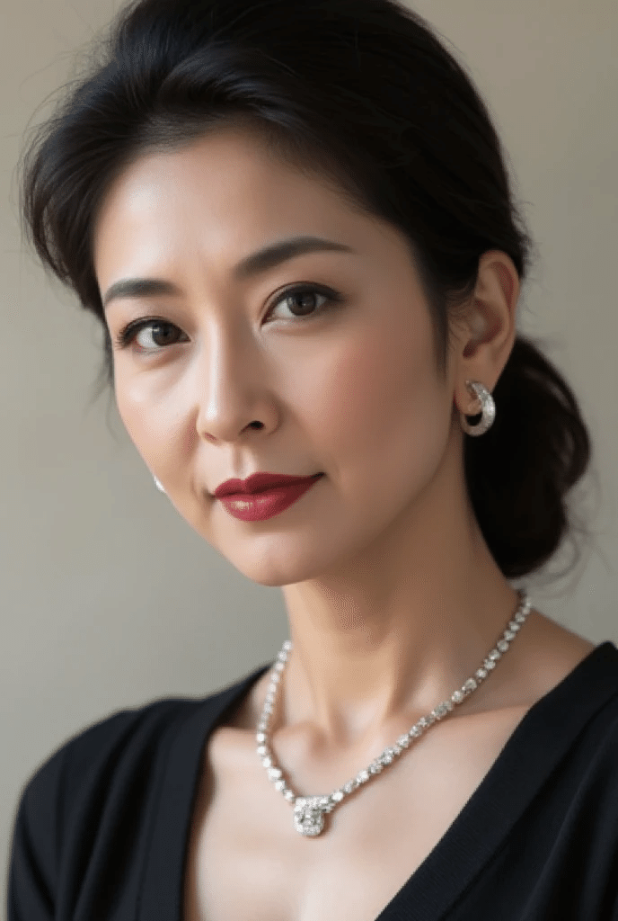 Woman with dark hair and red lipstick wearing jewelry