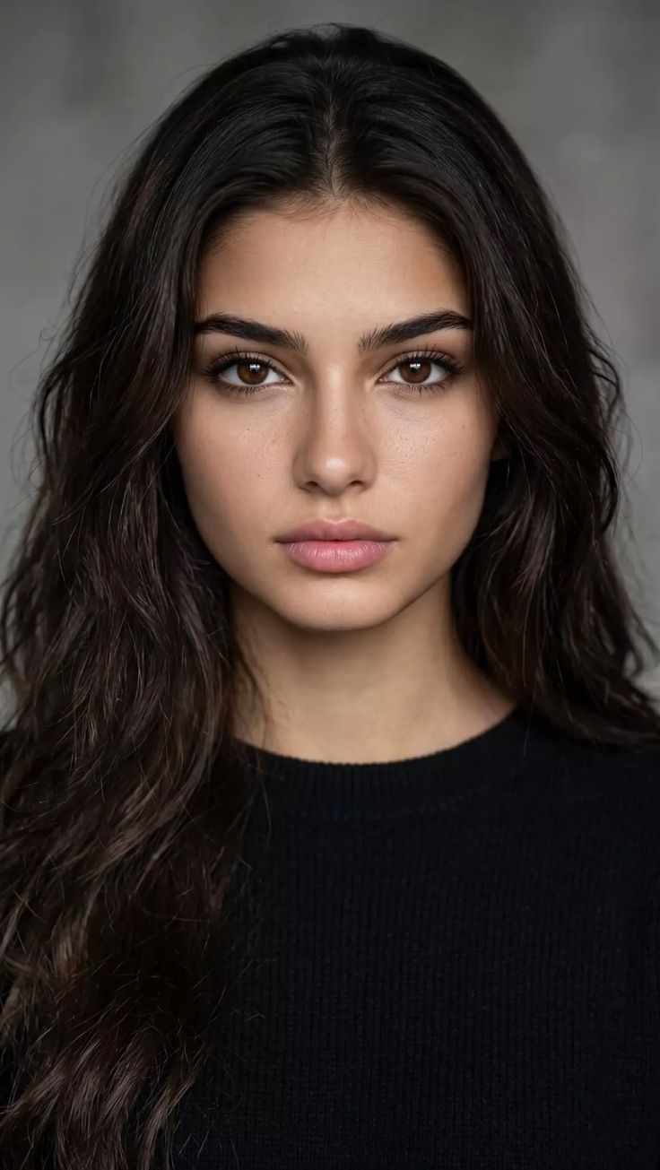 Woman with long dark hair and brown eyes wearing a black sweater