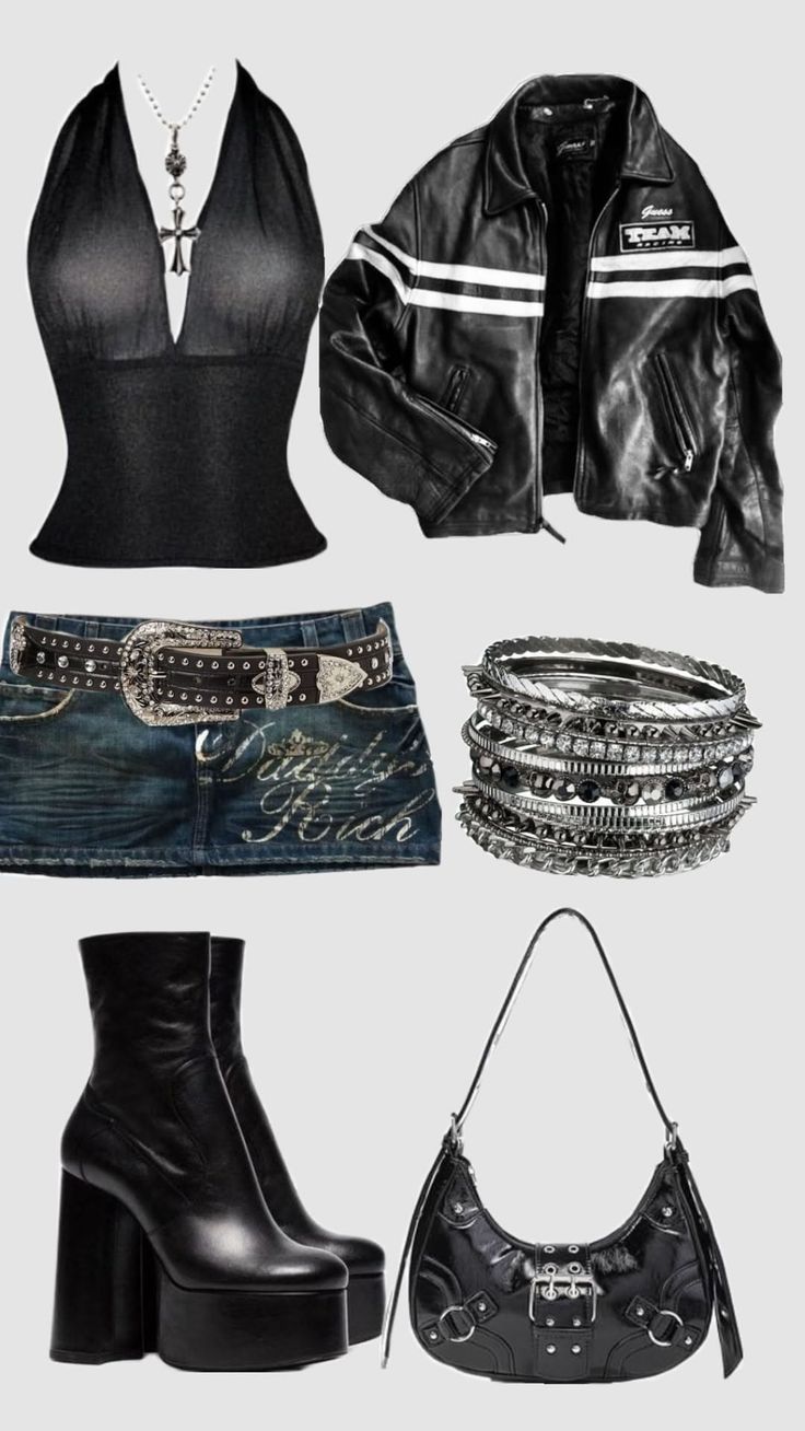 Collection of gothic-style clothing and accessories on a grey background