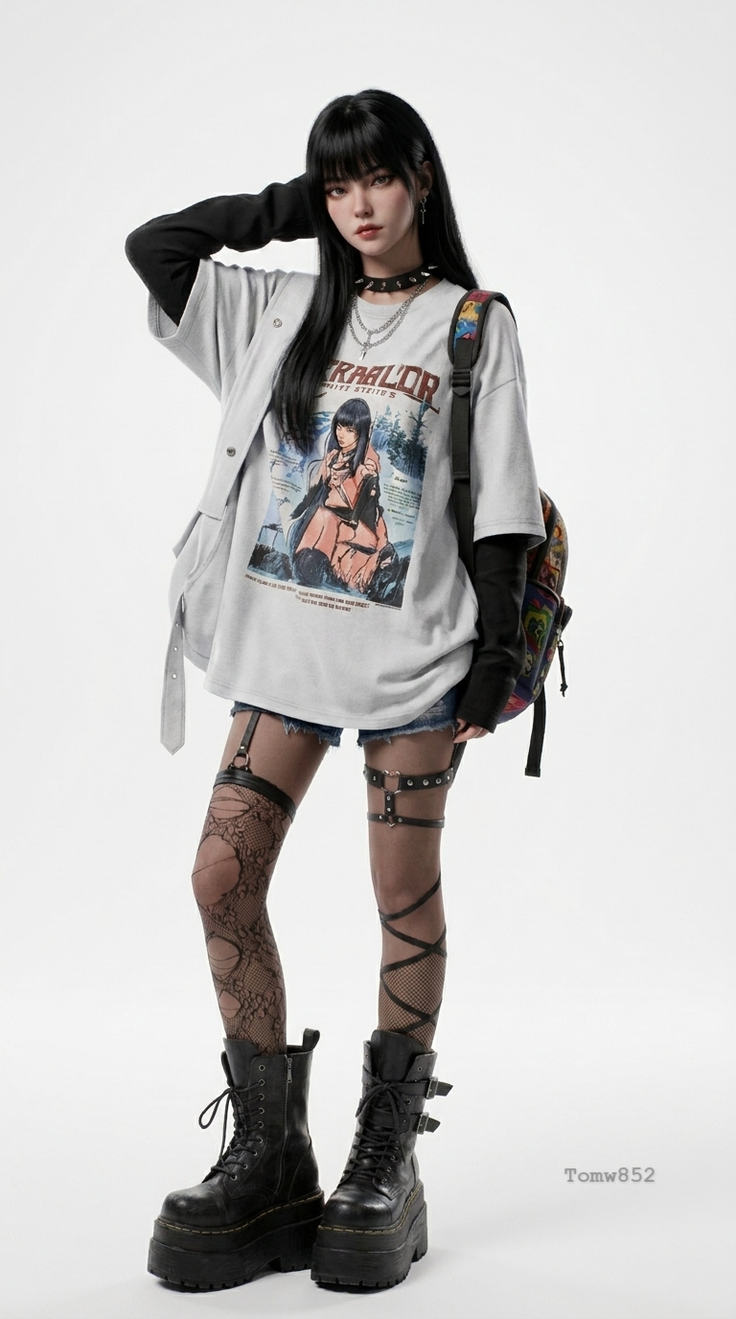Woman with long black hair wearing a choker, oversized t-shirt, and platform boots