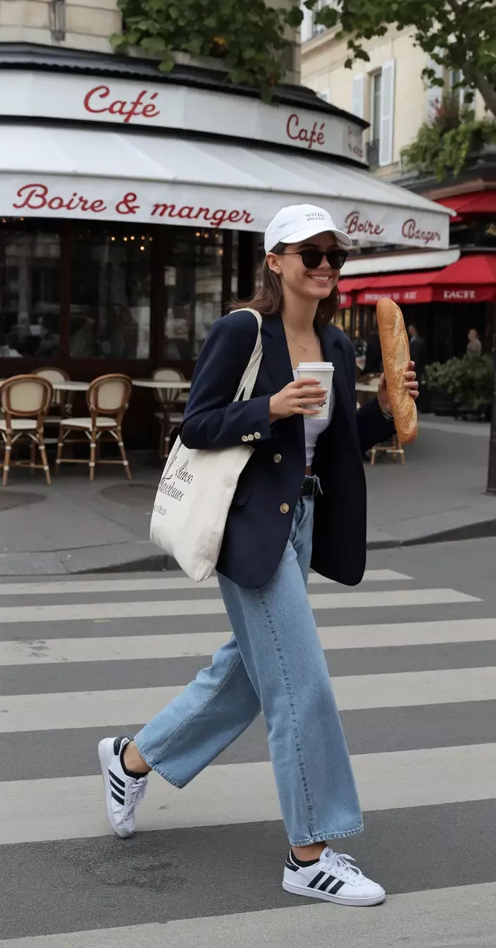 Woman in a blazer and jeans crossing a street with a baguette and coffee