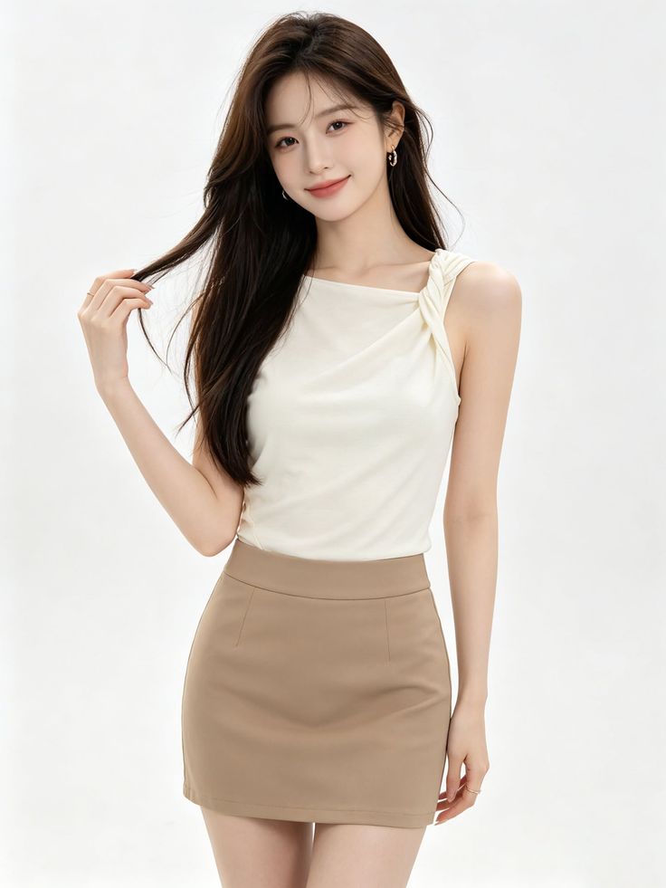 Woman with long dark hair wearing a white top and a beige mini skirt