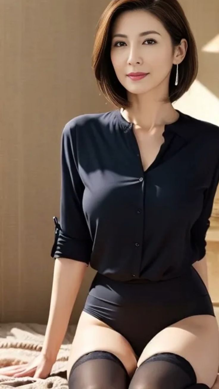 Woman with short hair wearing a black shirt and underwear with thigh-high stockings