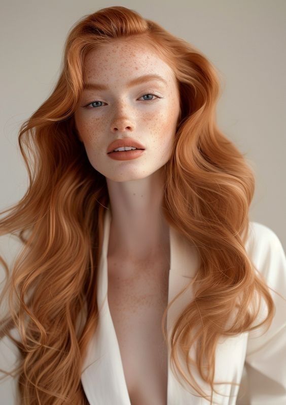 Woman with long red wavy hair and freckles wearing a white shirt