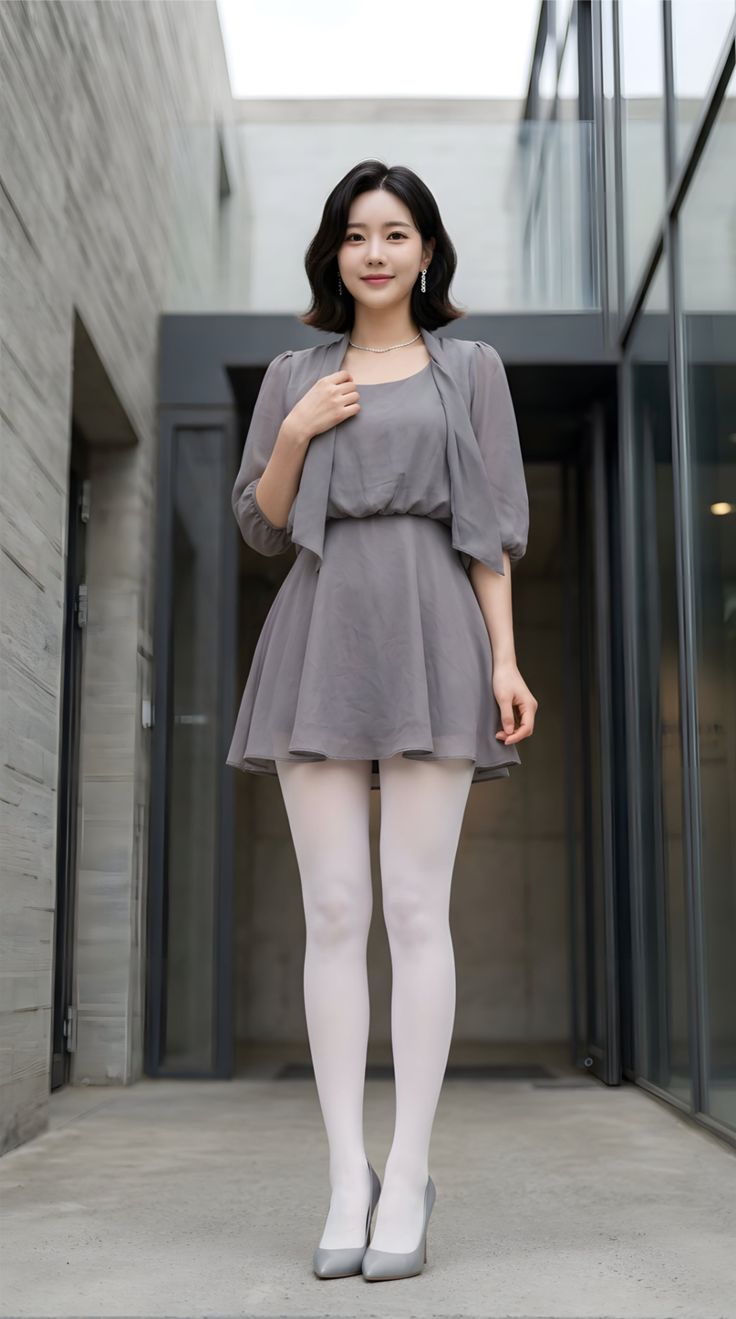 Woman in a gray dress and white tights standing outdoors in front of a modern building