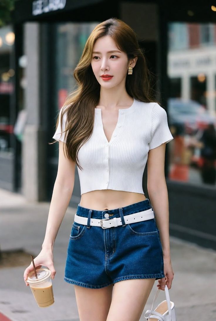 Woman in a white crop top and denim shorts holding a drink on a street