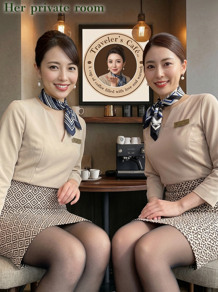 Two women in uniforms and short skirts sitting in a coffee shop