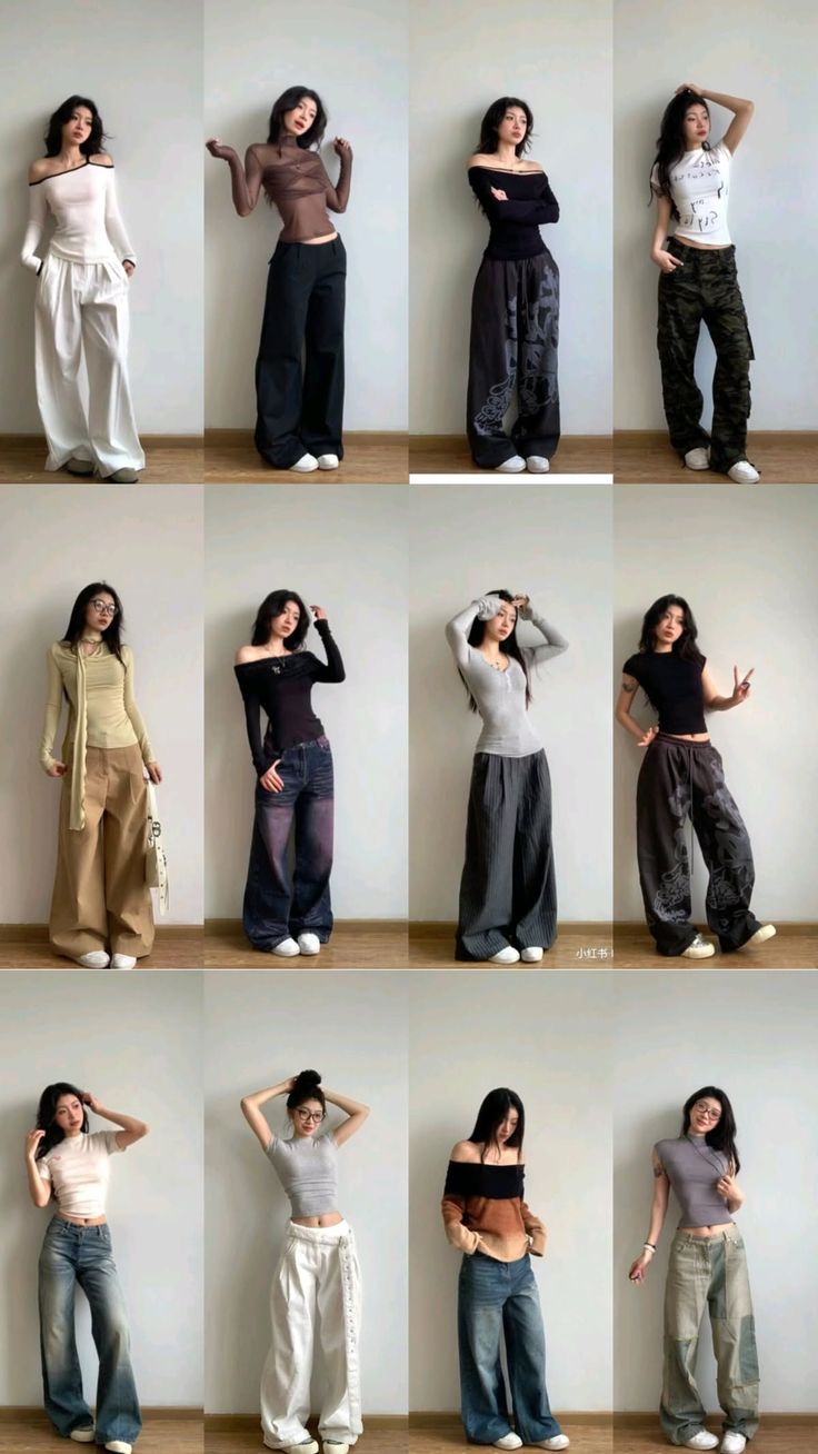 Multiple women posing in various casual outfits against a white wall