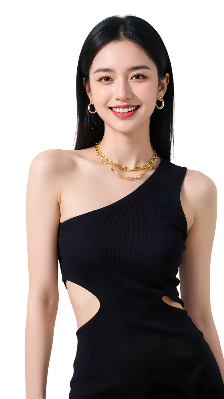 Woman in a black one-shoulder cutout dress with gold jewelry, smiling