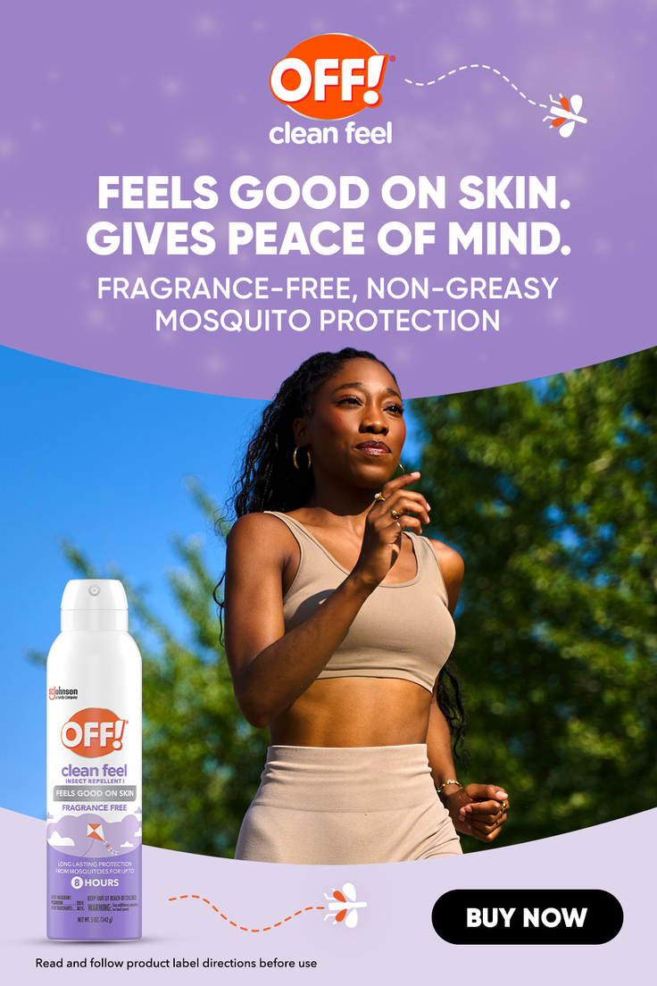 Woman in athletic wear outdoors with a mosquito repellent product