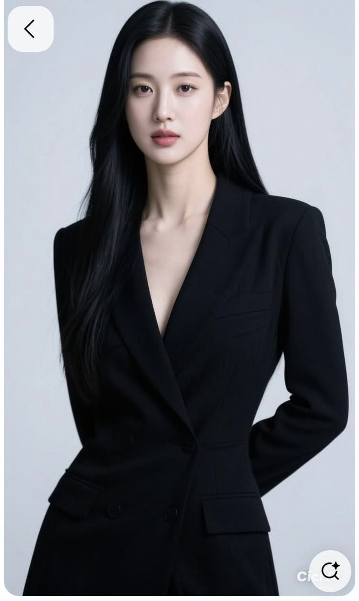 Woman with long black hair wearing a black blazer in a studio setting