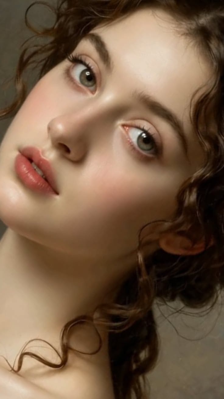 Close up portrait of a woman with curly brown hair and green eyes