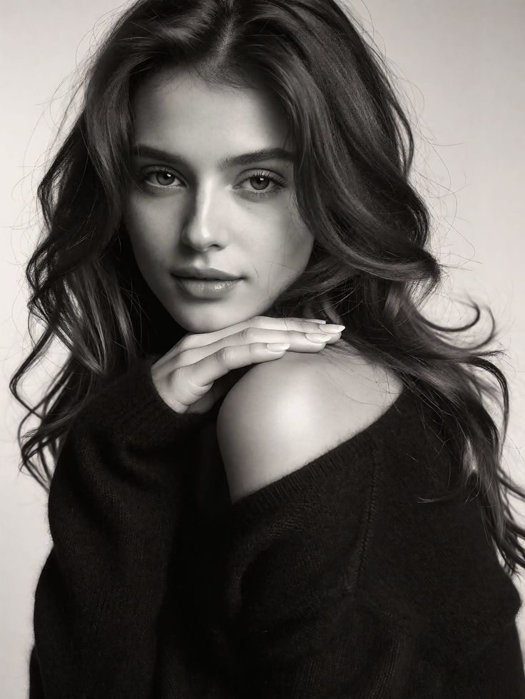 Woman with long wavy hair wearing an off-shoulder sweater in a black and white portrait