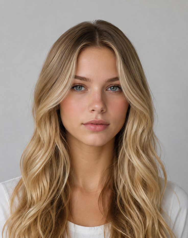 Woman with long blonde wavy hair and blue eyes in a white shirt