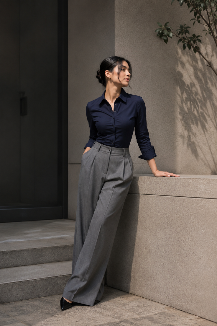 Woman in a navy blue shirt and grey wide leg pants leaning against a wall