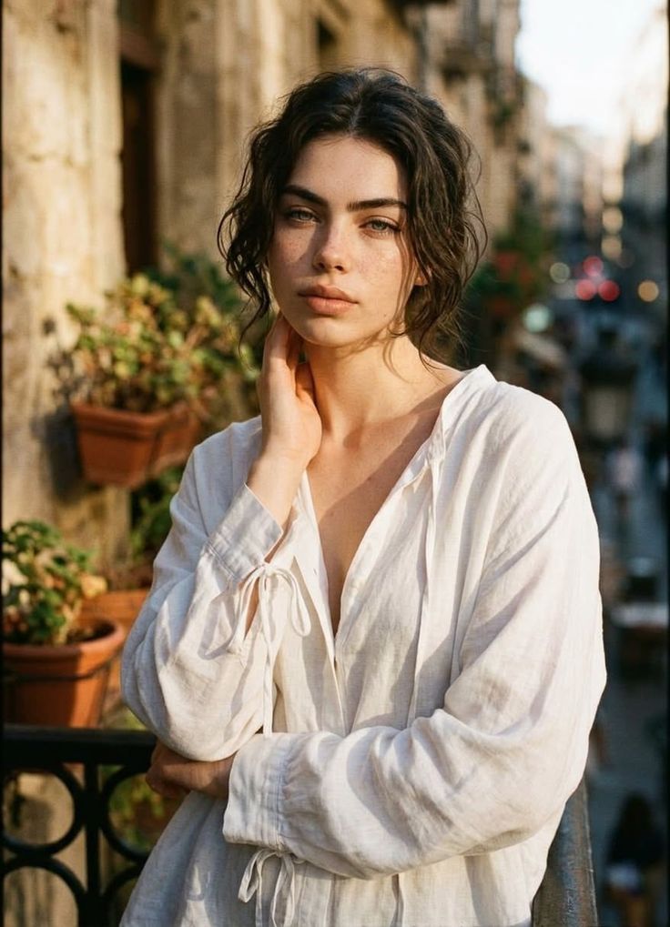 Woman with curly hair and freckles in a white shirt on a balcony