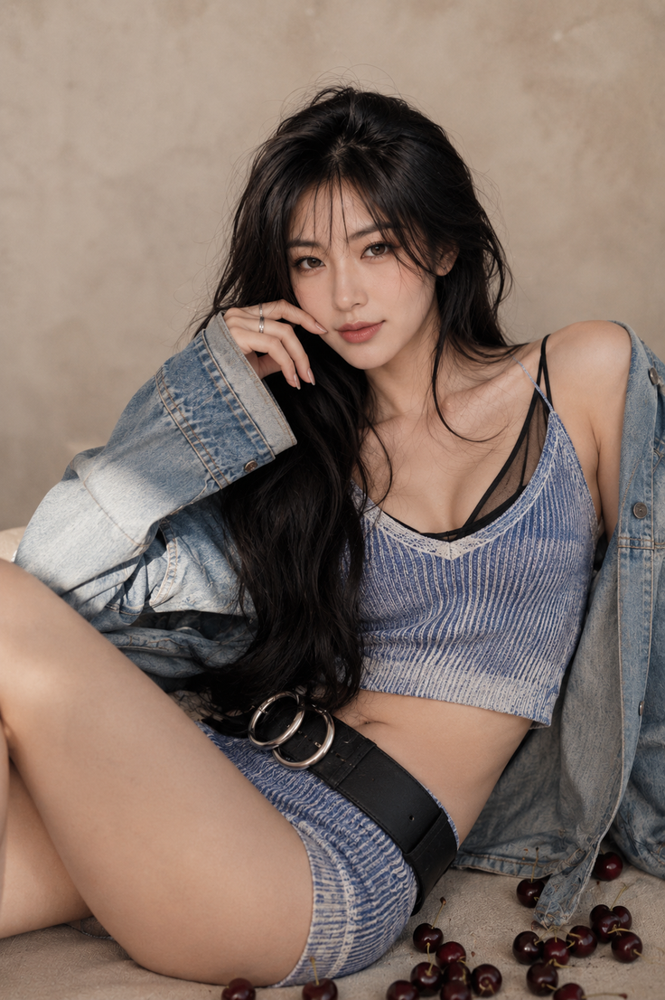 Woman with long black hair in a denim jacket and crop top with cherries