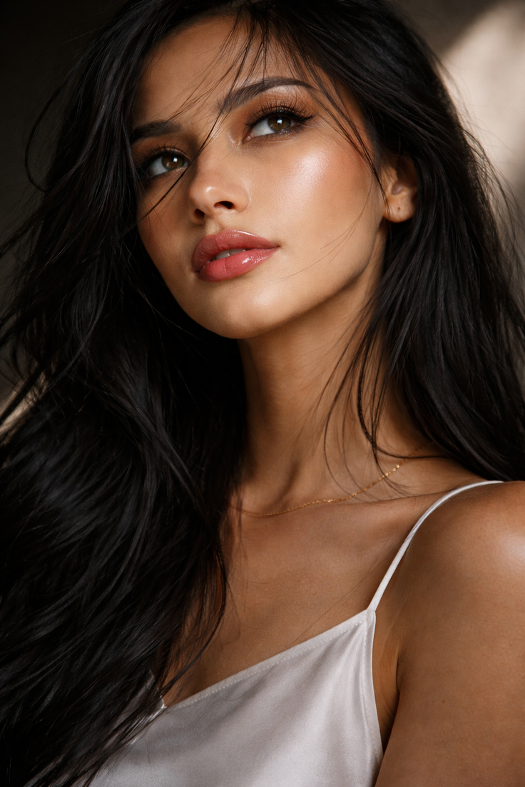 Woman with long black hair and a white camisole looking up