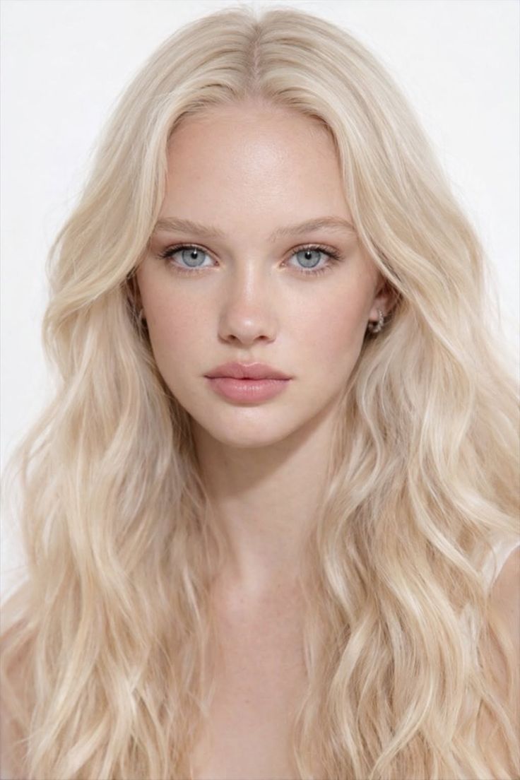 Close-up portrait of a young woman with long blonde hair and blue eyes