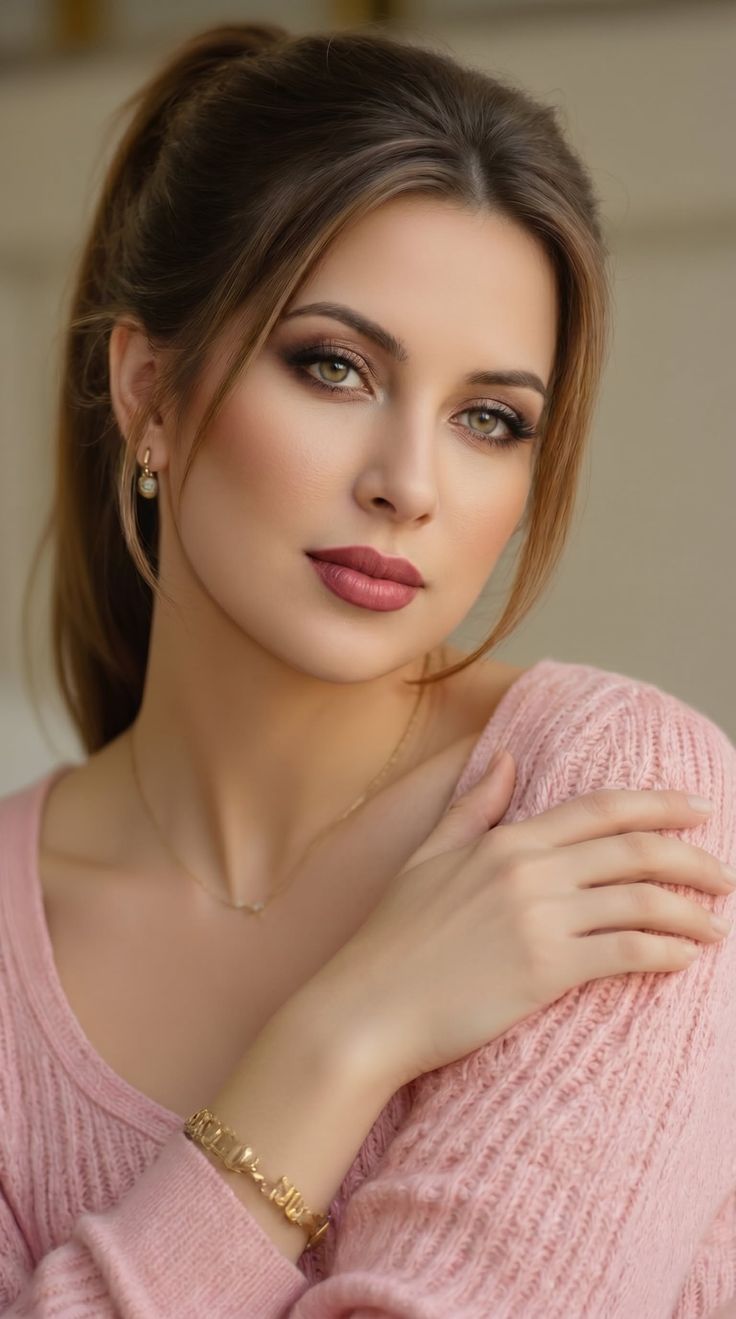 Woman in a pink sweater with a ponytail and jewelry, looking at the camera