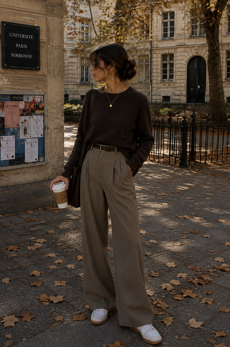 Woman in a dark sweater and long pants holding a coffee cup outdoors