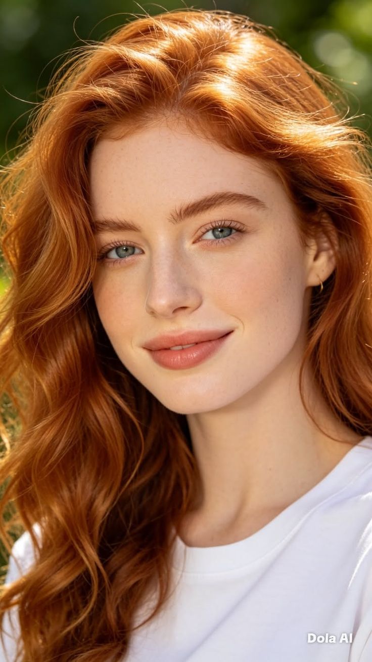 Close-up portrait of a smiling woman with red hair and blue eyes outdoors