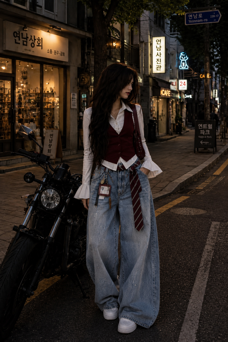 Woman in a vest and wide leg jeans standing on a city street at night