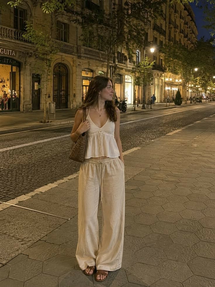 Woman in a white top and wide leg pants on a city street at night
