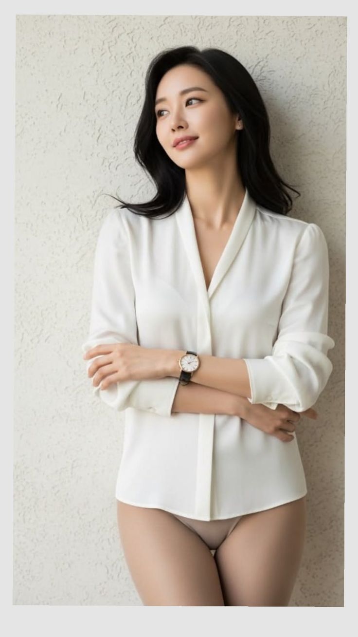 Woman in a white blouse and light-colored underwear with crossed arms