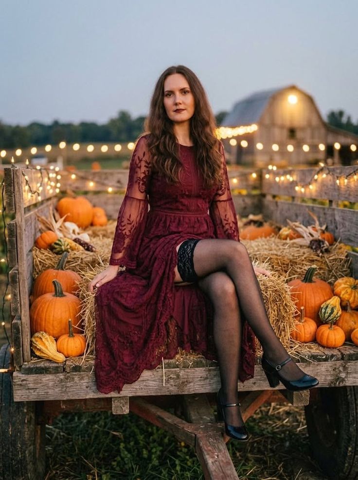 Woman in a burgundy dress and stockings sitting in a wagon with pumpkins and hay