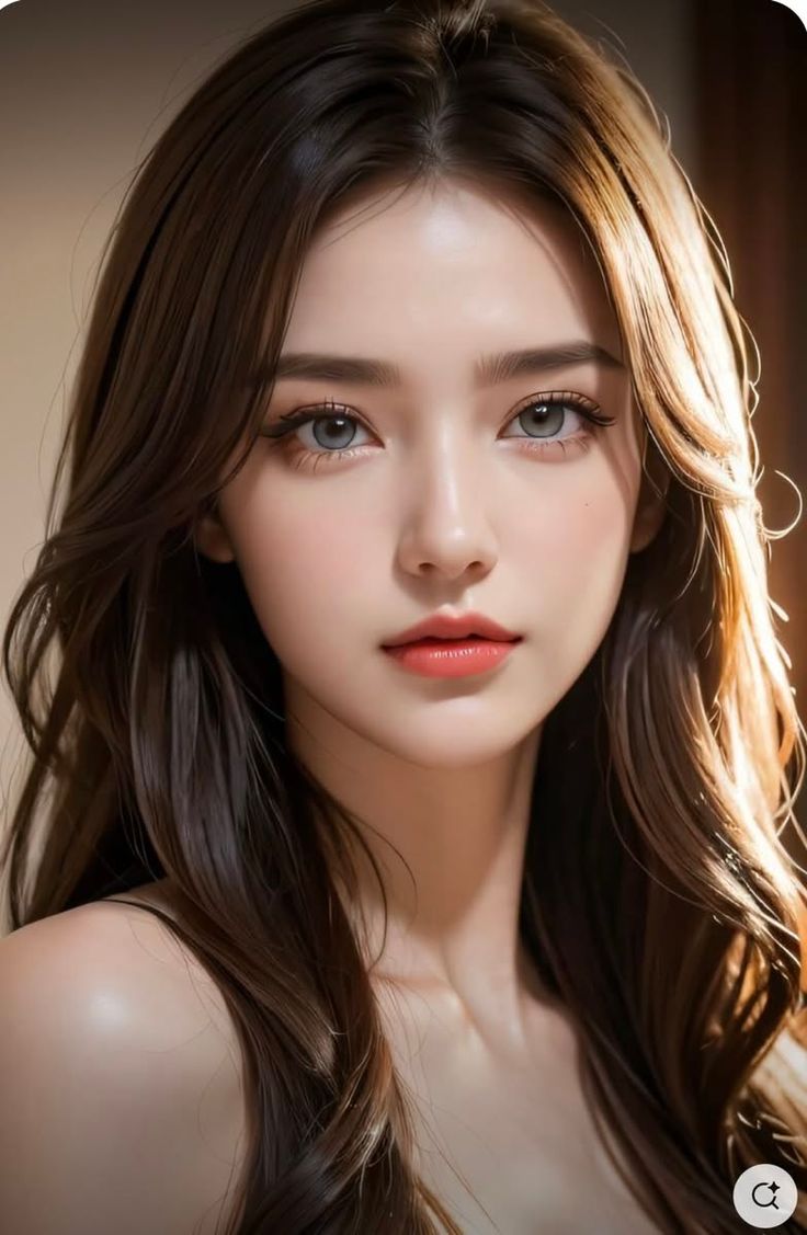 Realistic portrait of a woman with long brown hair and blue eyes