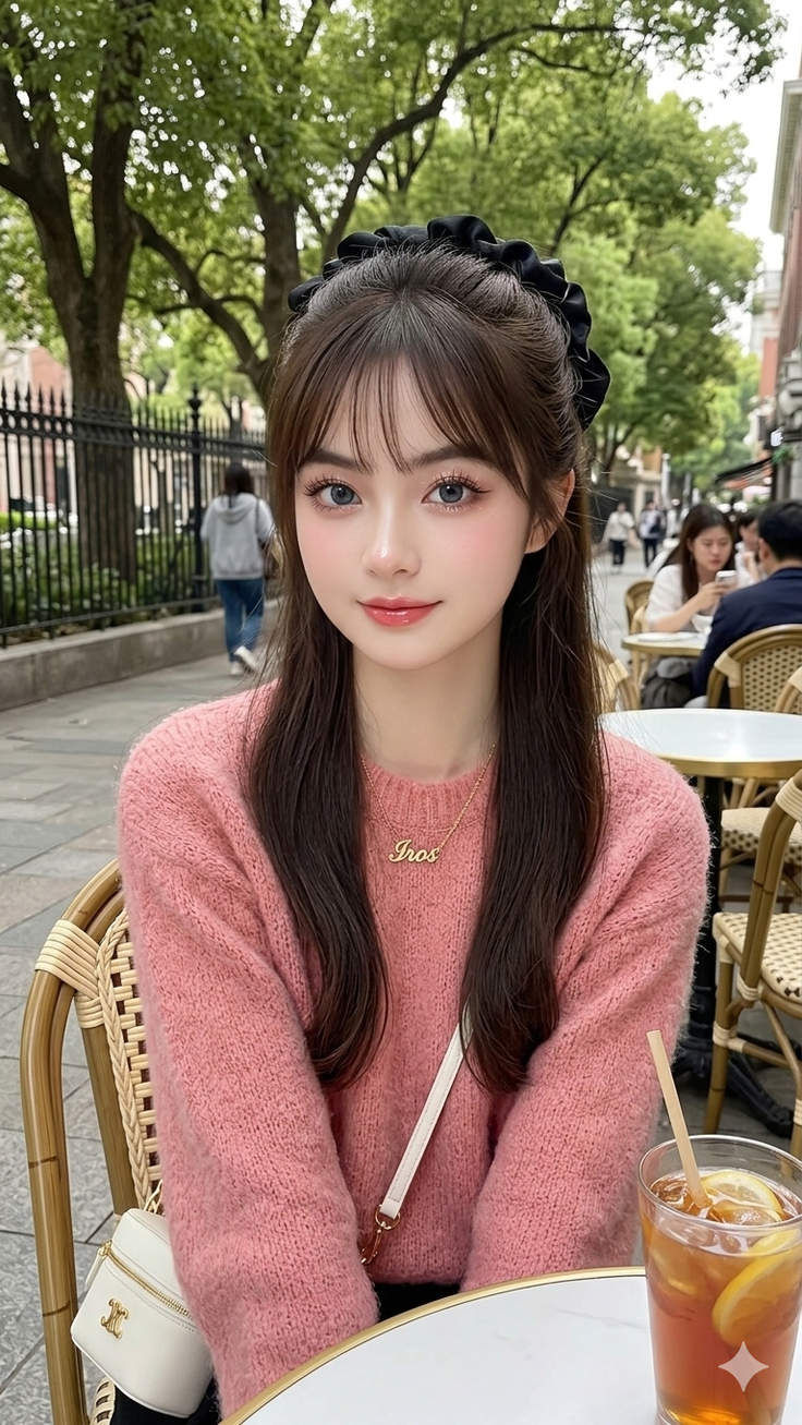 Woman with long hair and a pink sweater sitting at an outdoor cafe