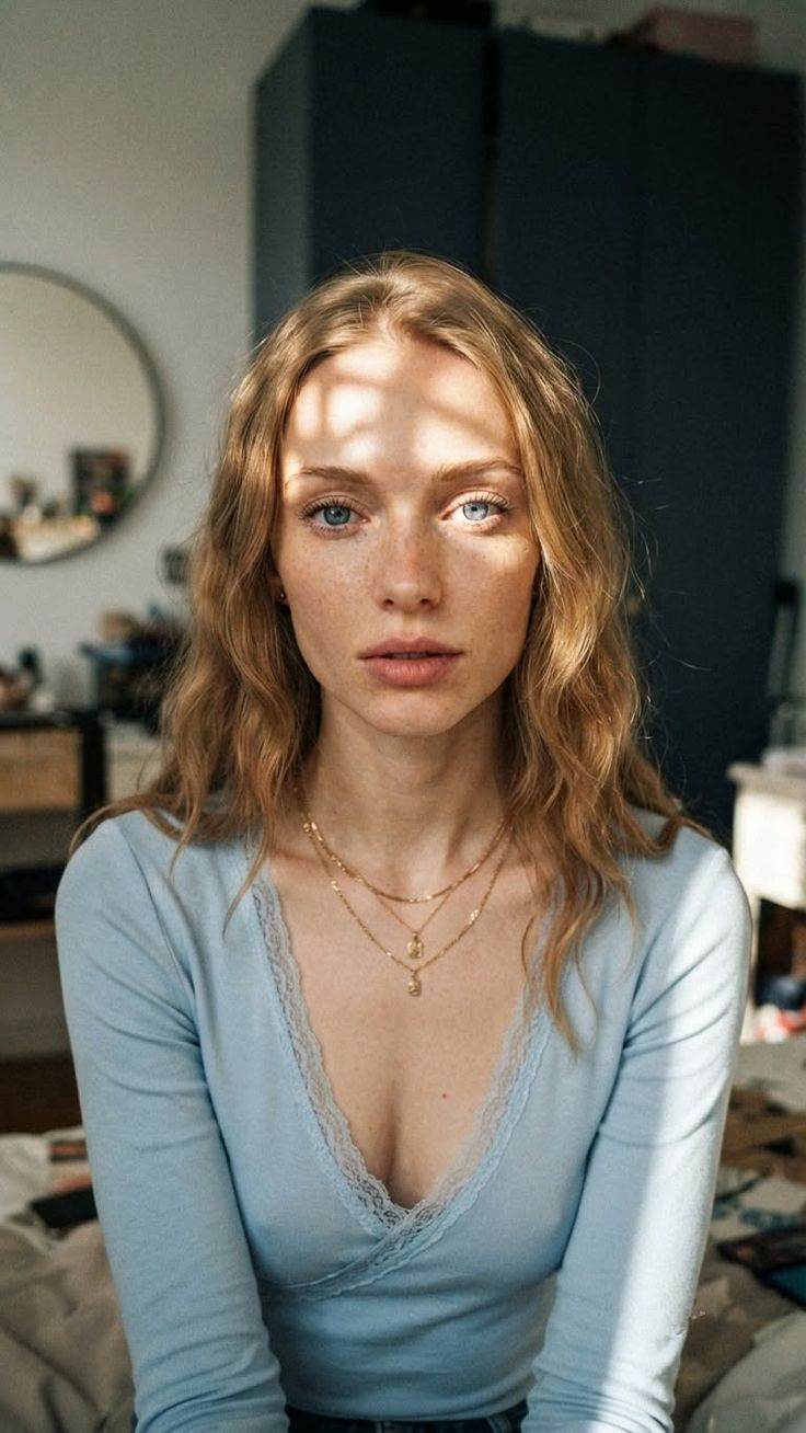 Woman with blonde hair and blue eyes wearing layered necklaces indoors