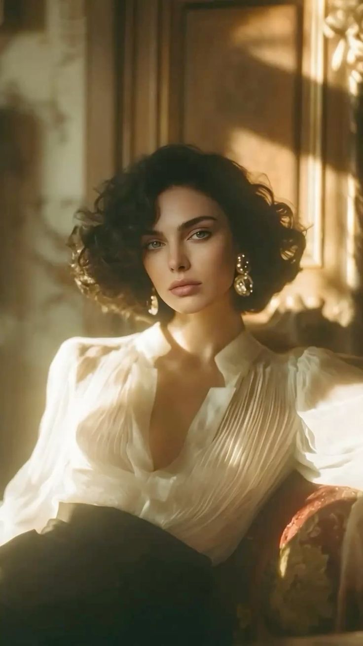 Woman with short curly hair in a sheer white shirt and large earrings
