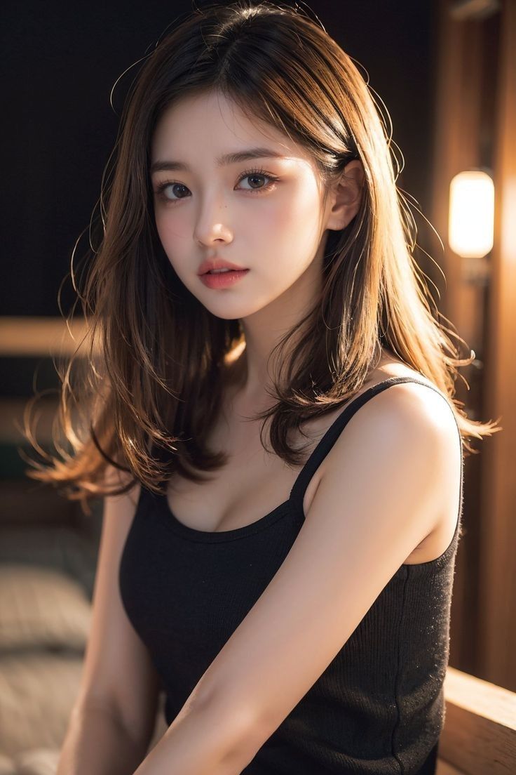 Woman with long brown hair wearing a black tank top with soft lighting