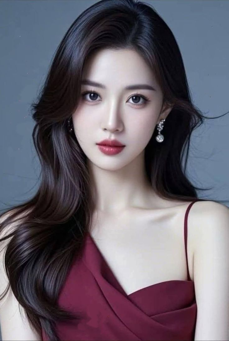 Woman with long dark hair wearing a red dress and earrings