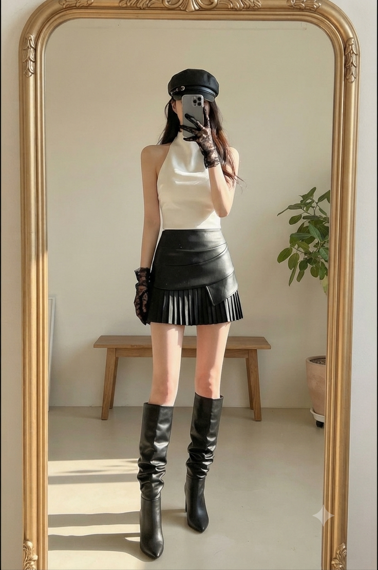 Woman in a black leather skirt and white halter top reflected in a mirror