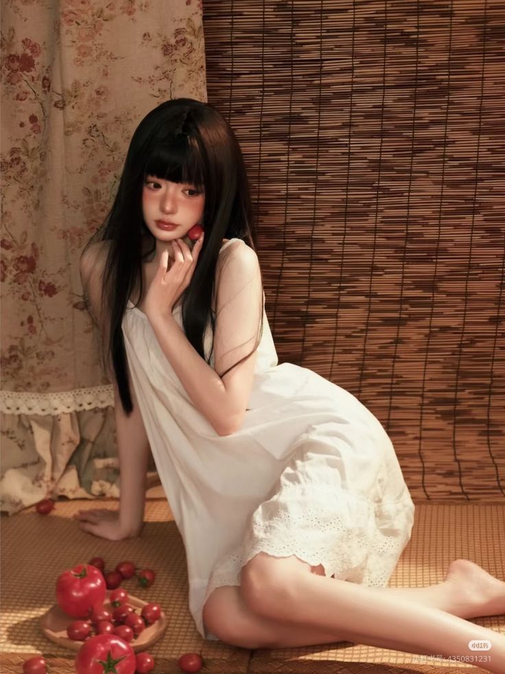 Woman with long black hair in a white dress sitting on a mat with cherries