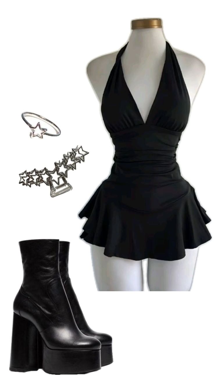 Black halter neck dress with platform boots and star accessories