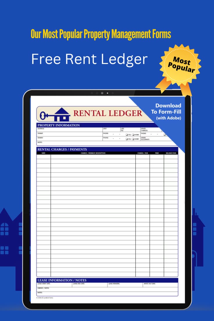 Digital rental ledger form displayed on a tablet screen with a blue background