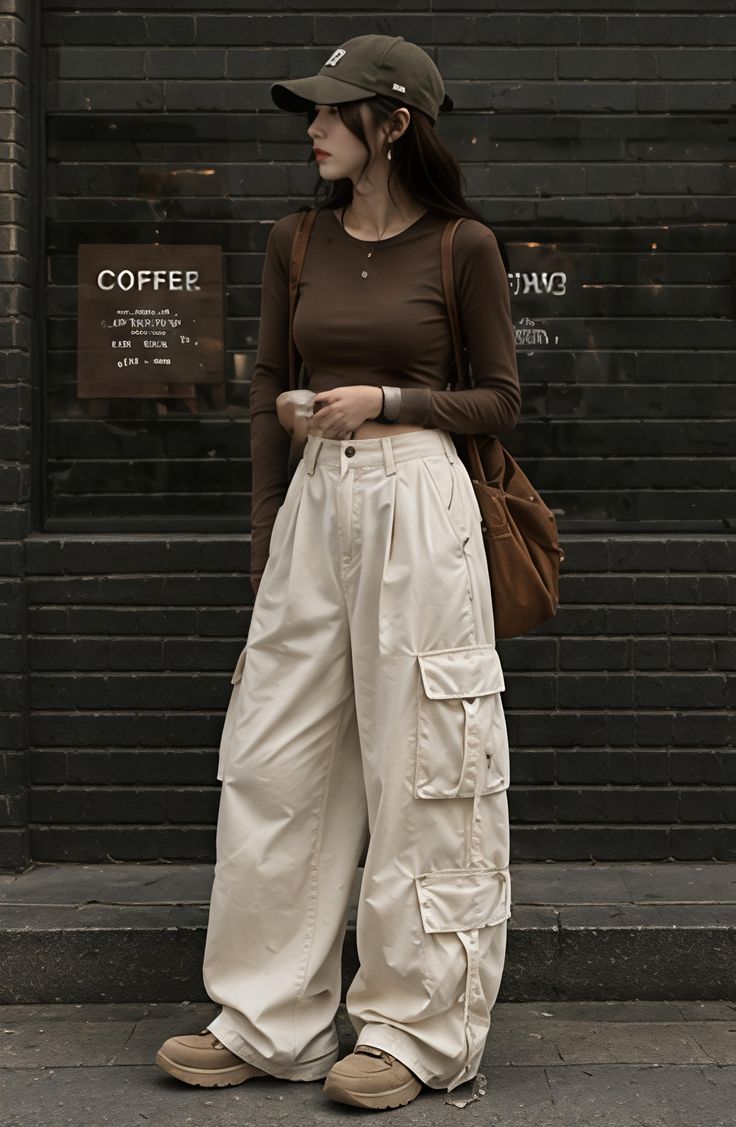 Woman in cargo pants and a long sleeve shirt standing outdoors