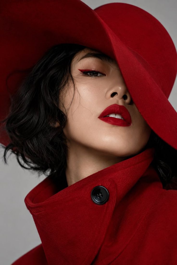 Woman with red hat, red lipstick, and red eyeliner in a red coat